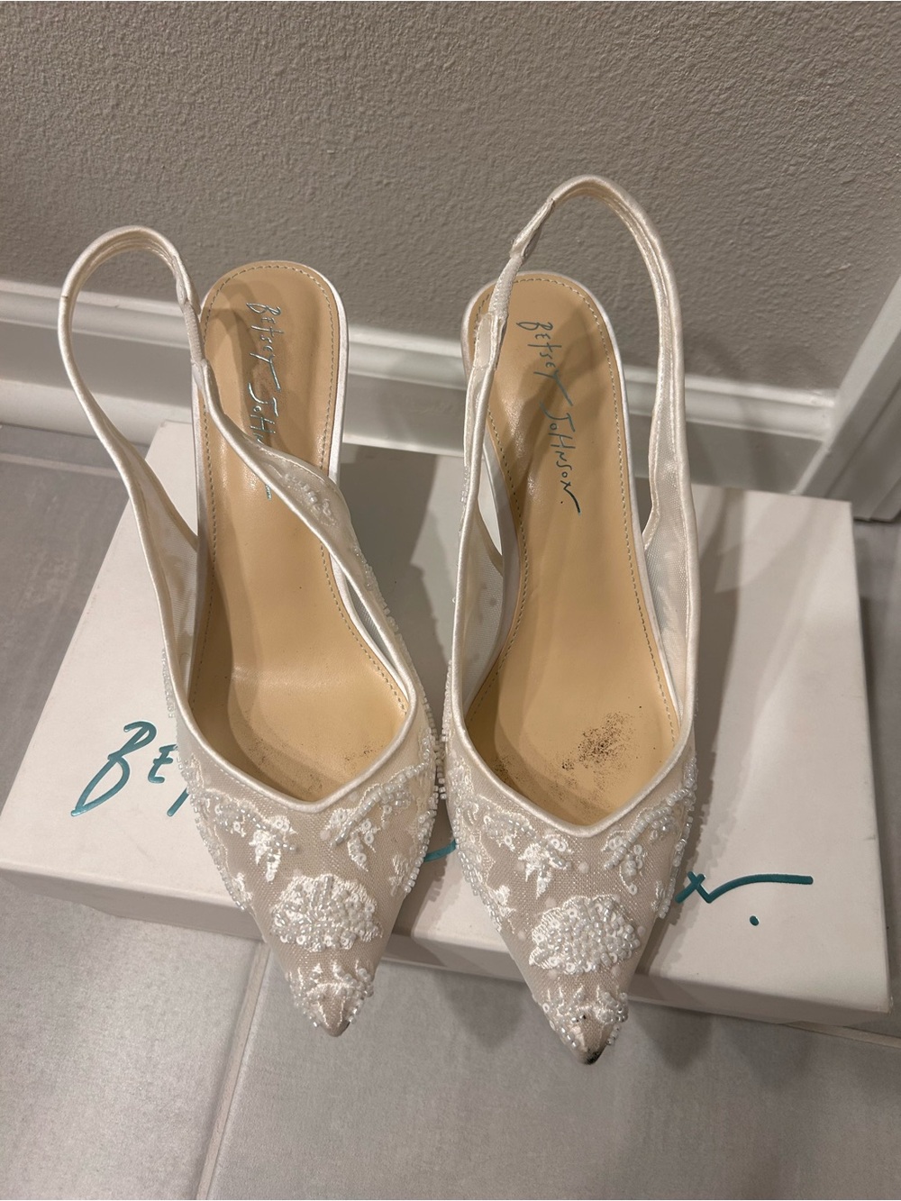 Betsey Johnson White Beaded Pointed-Toe Slingback Mules
